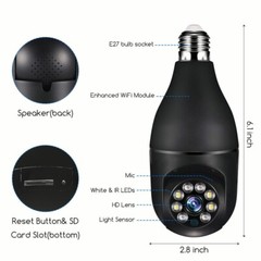 Black WiFi Bulb Camera – 1080P HD, 355° Pan, 90° Tilt, Motion & Alarm Alert