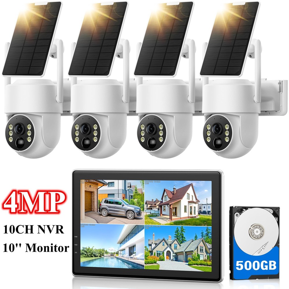 2K Solar PTZ Wireless Security Camera System Outdoor 10CH 10″ Monitor NVR 500G