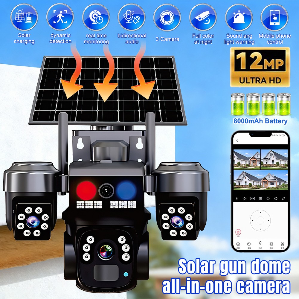 3 Lens 12MP HD Solar Battery Wireless WiFi Outdoor PTZ Home Security Camera CCTV