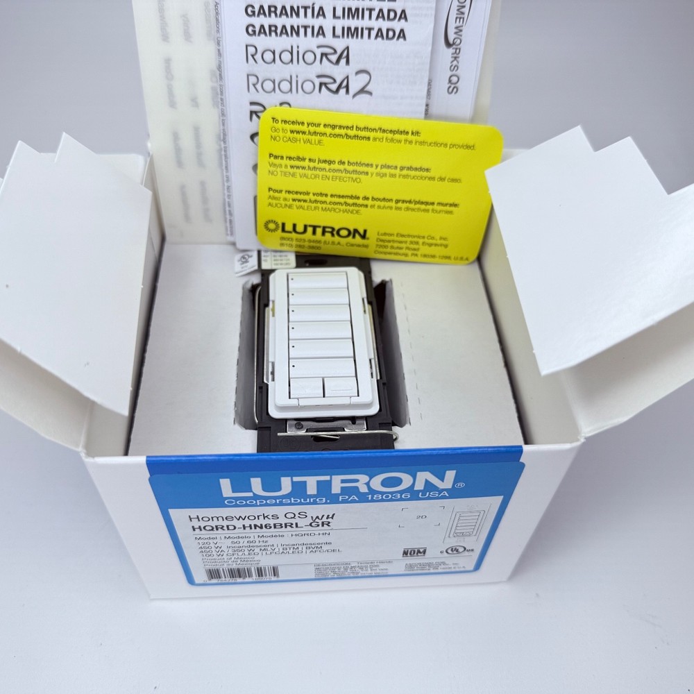 Lutron Homeworks QS HQRD-HN6BRL-WH Hybrid 6 Button Keypad – White – NEW