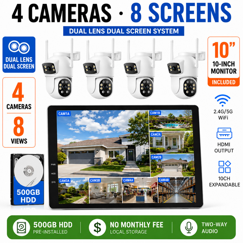CAMCAMP Wireless Security Camera System with 10.1″ Monitor 4pcs 2K Dual Lens HDD