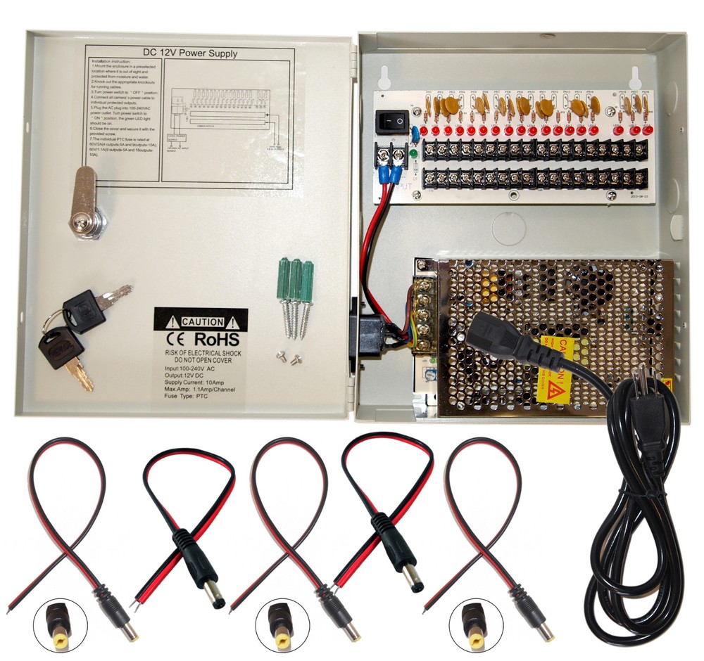 16 Channel 12V DC 10A with 18pcs DC Jack CCTV Power Supply for Security Camera
