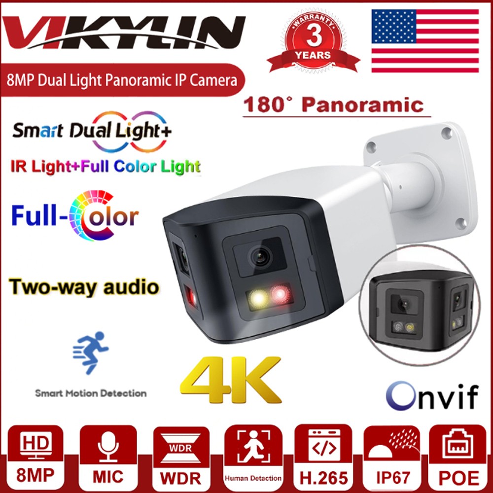 Vikylin 4/8MP 180° Dual Lens POE IP Camera Dual Light IR+Full Color Night Vision