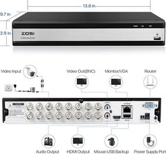 ZOSI H.265+ 16 HDMI Channel 1080P Security Camera System Outdoor Home CCTV 2TB