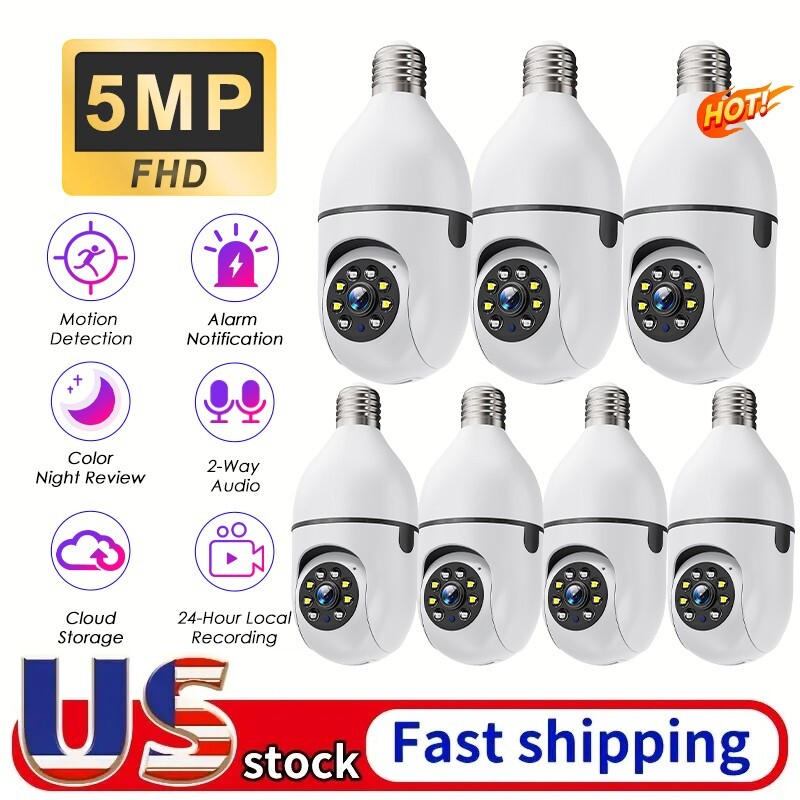 7PCS Light Bulb Security Camera 5MP WIFI 360° Color Wireless IR Motion Audio