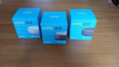 Three Amazon Echo Dots (3rd gen) Smart Speakers -white, black, & dark red