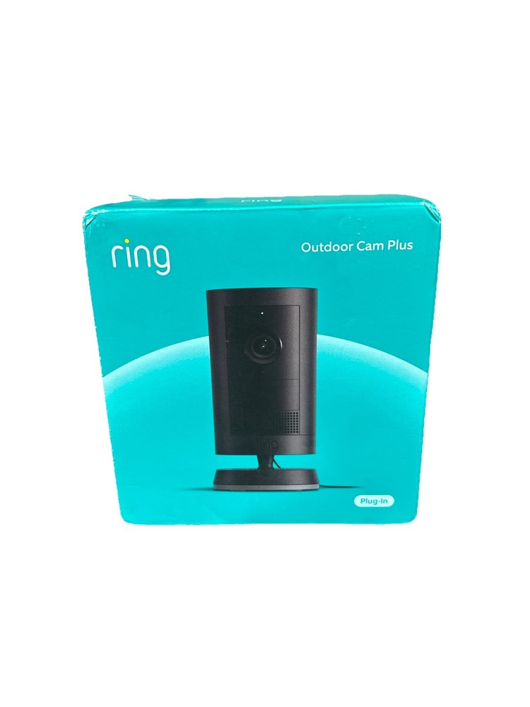 Ring Outdoor Cam Plus Black Plug-In Security Camera 2K Video Color Night Vision