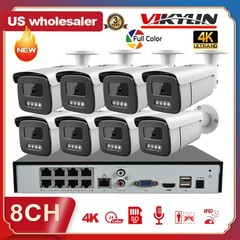 VIKYLIN 4K 8CH 8POE NVR CCTV System 8MP Full Color Security Bullet IP Camera Lot