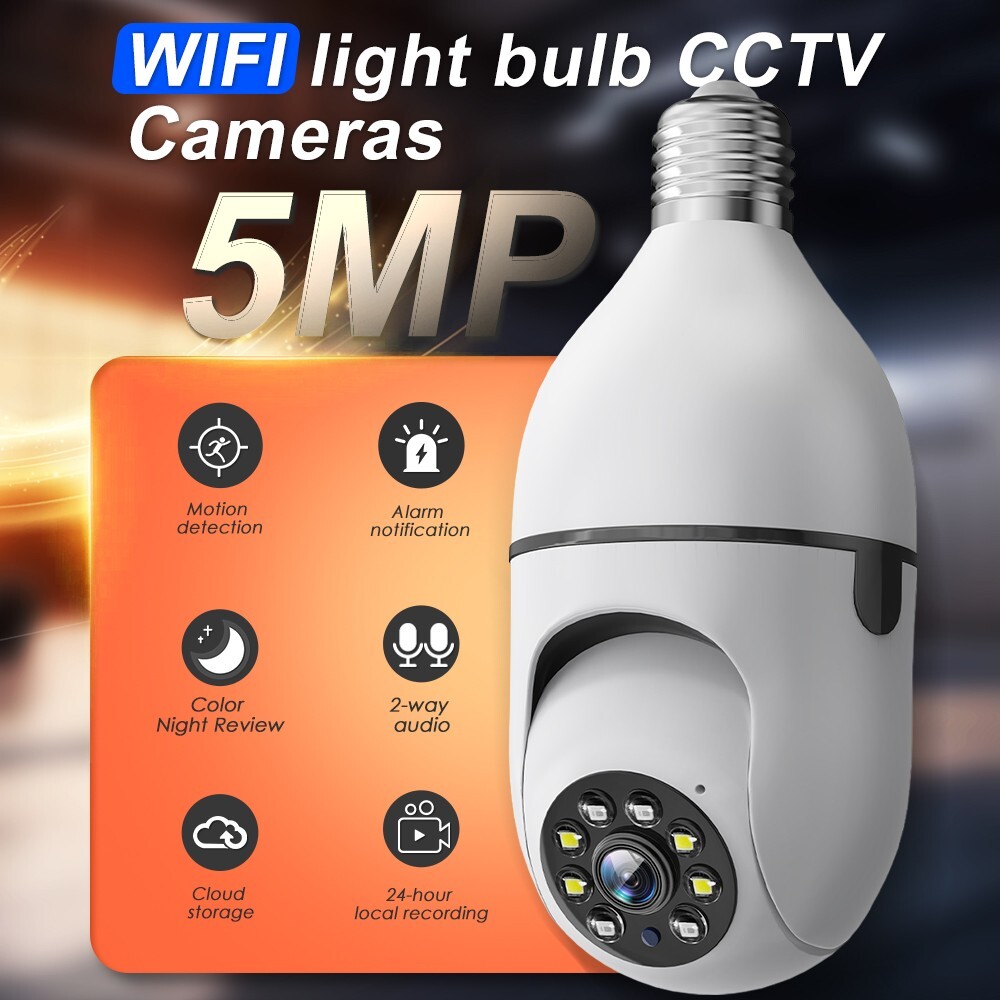 360° WiFi Wireless Light Bulb Camera Home Security 5MP IR Color 2-Way Audiio