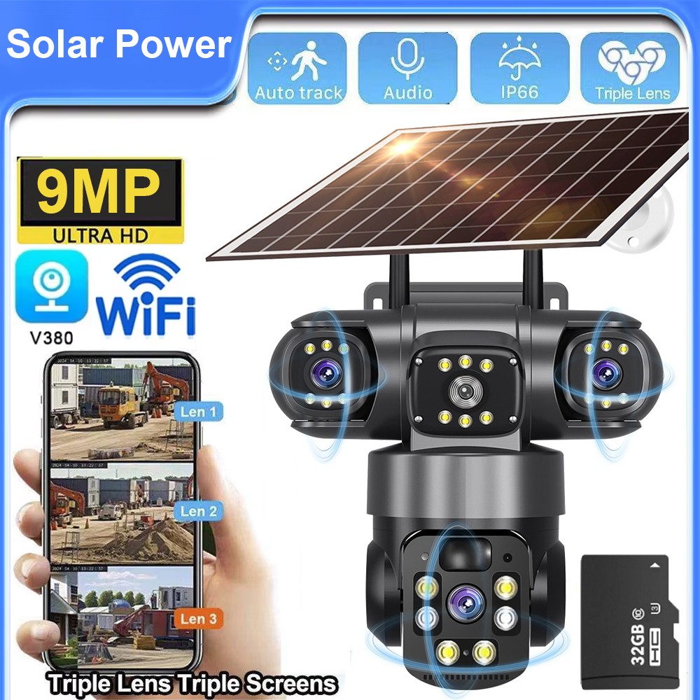 9MP Solar Security Cameras Wireless Outdoor WiFi Night Vision 32GB Surveillance