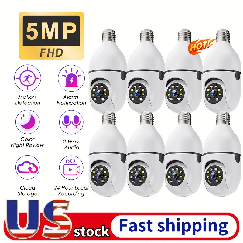 8PCS Light Bulb Security Camera 5MP WIFI 360° Color Wireless IR Motion Audio