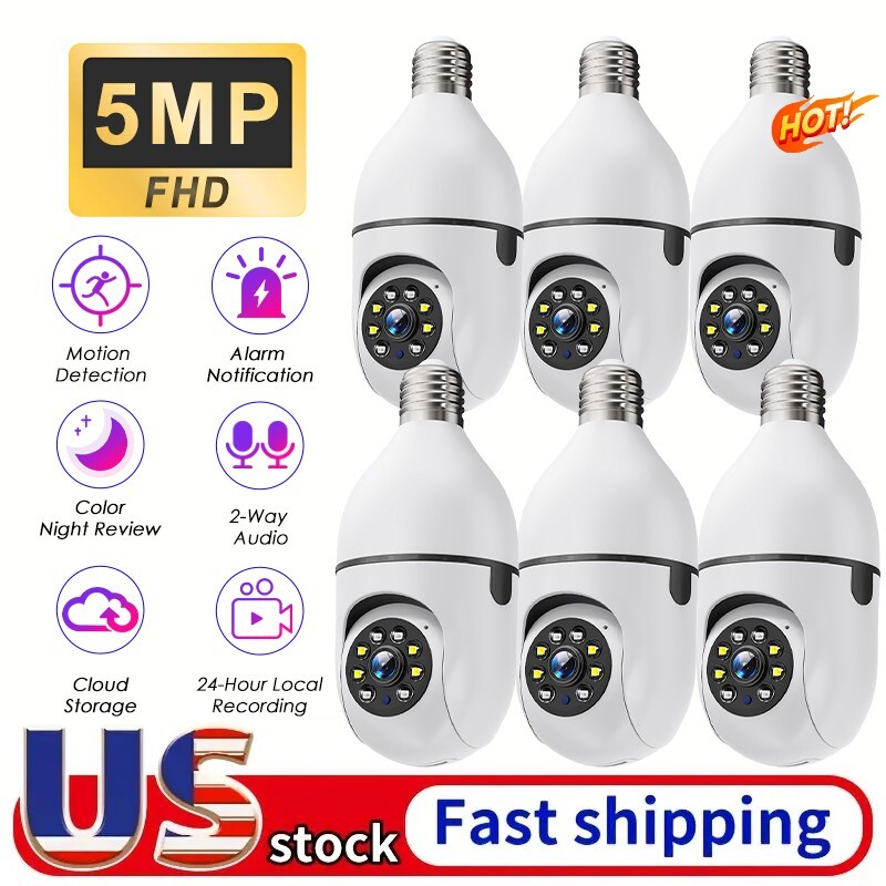 6PCS Light Bulb Security Camera 5MP WIFI 360° Color Wireless IR Motion Audio