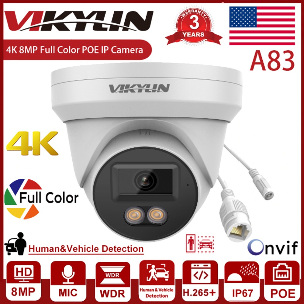 Vikylin 8MP 4K PoE IP Security Camera Outdoor Full Color Night Vision IP67 Audio